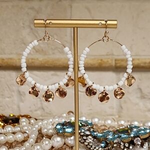 NWT White Shell & Gold Embellished Hoop Earrings